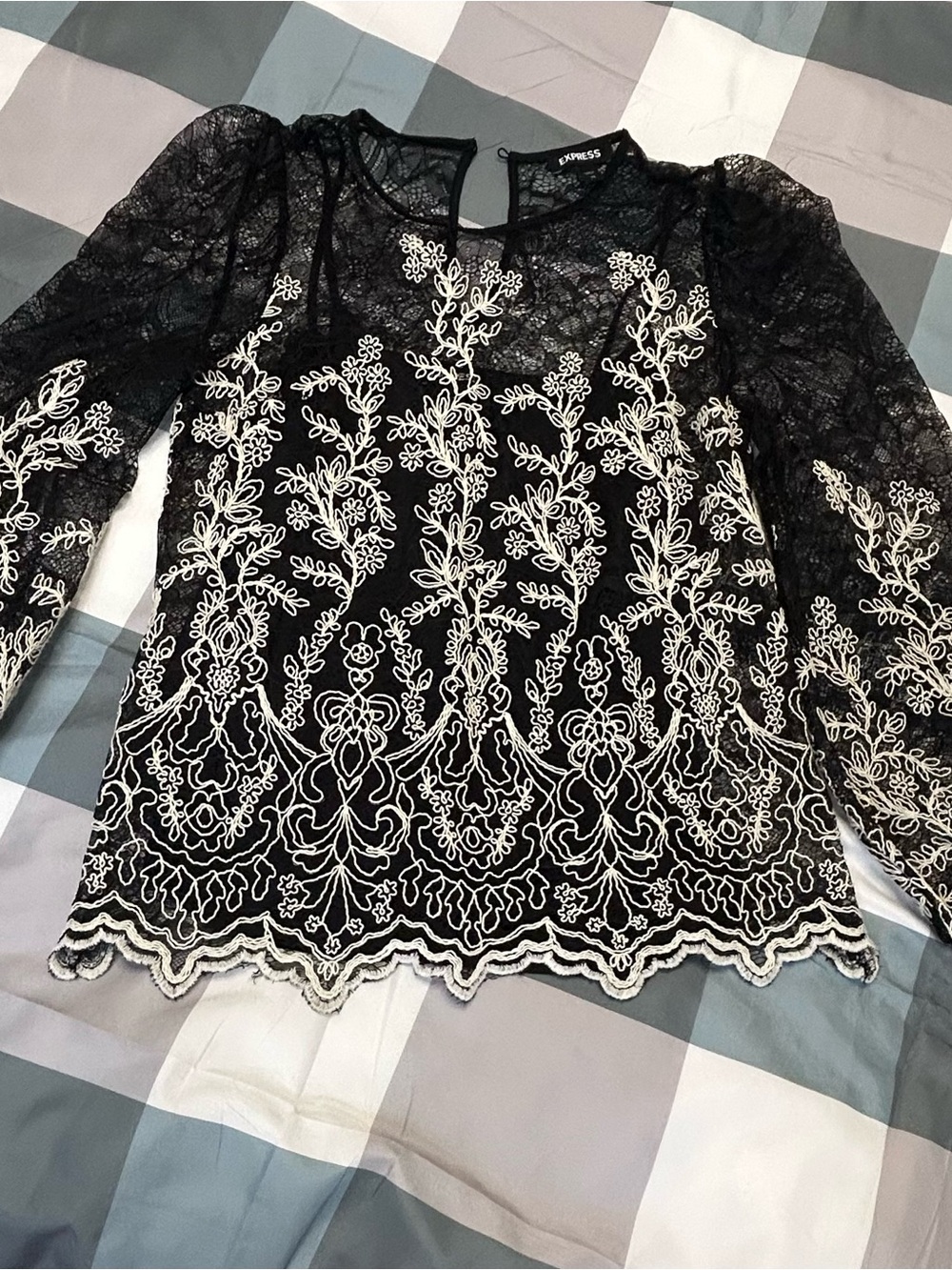 Express Black Lace Blouse with White Floral Embroidery